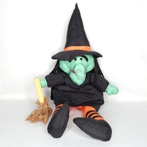 Vintage 90s Nylon Puffy Plush Halloween Witch w/ Broom International Silver